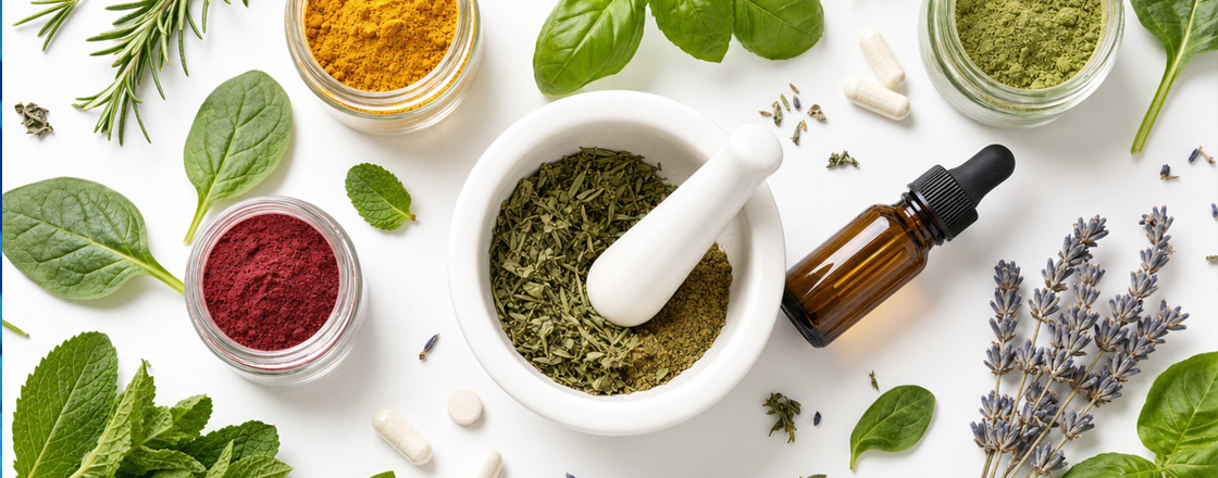 Botanical flat-lay with mortar and pestle, herbs, supplement capsules, and botanical powders on white surface