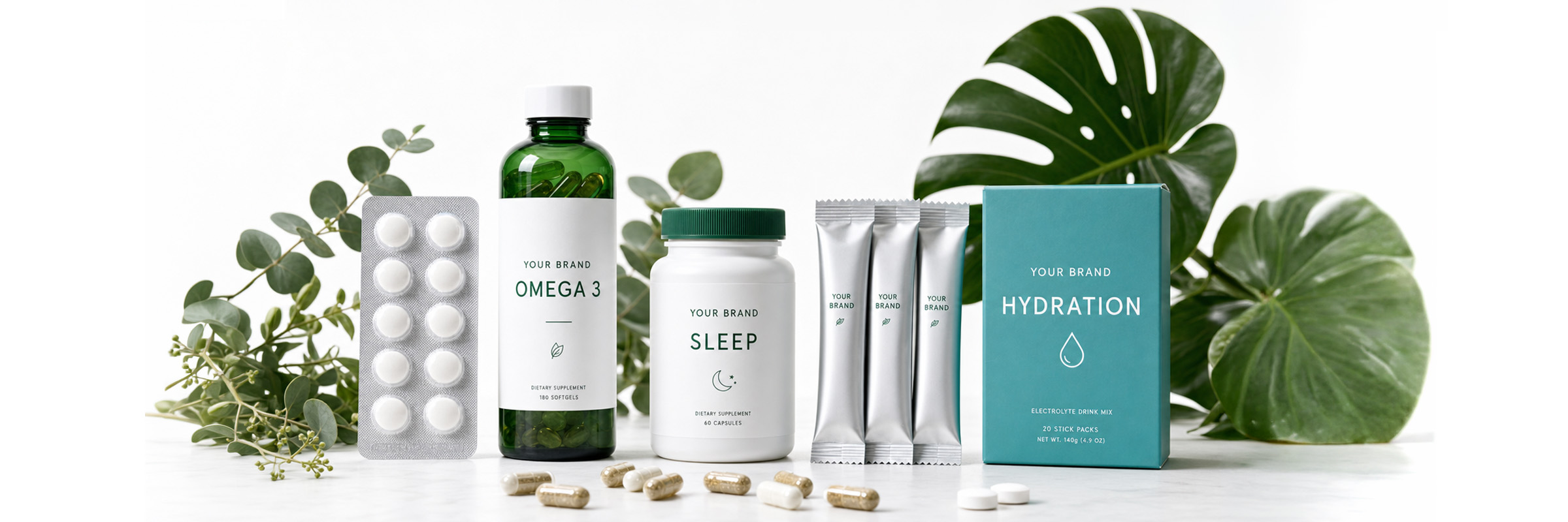 Product lineup of whitelabel supplement packaging including bottles, stick packs, blister packs, and retail carton with botanical leaves