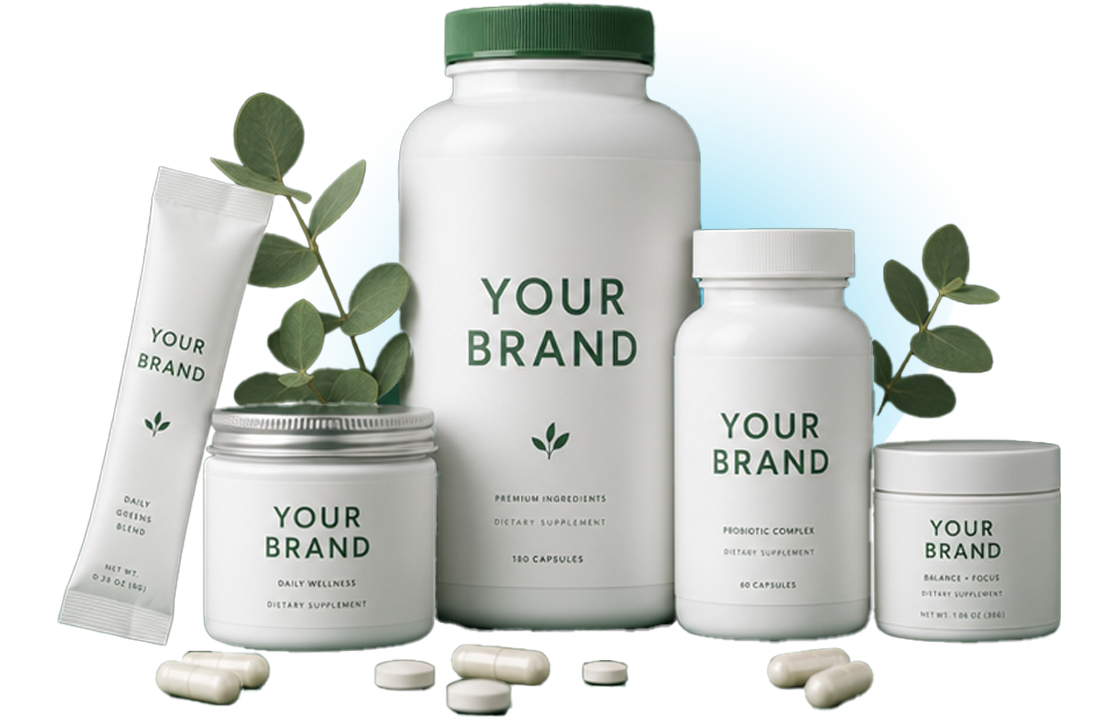 White supplement product lineup with YOUR BRAND labels on dark green background