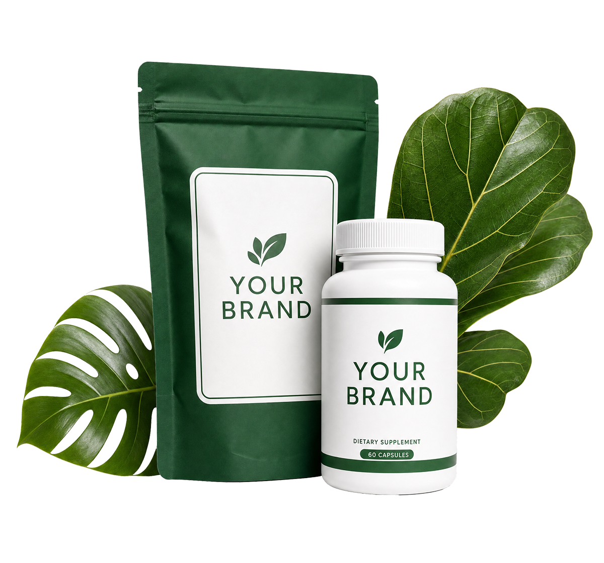 YOUR BRAND supplement pouch and bottle with botanical leaves