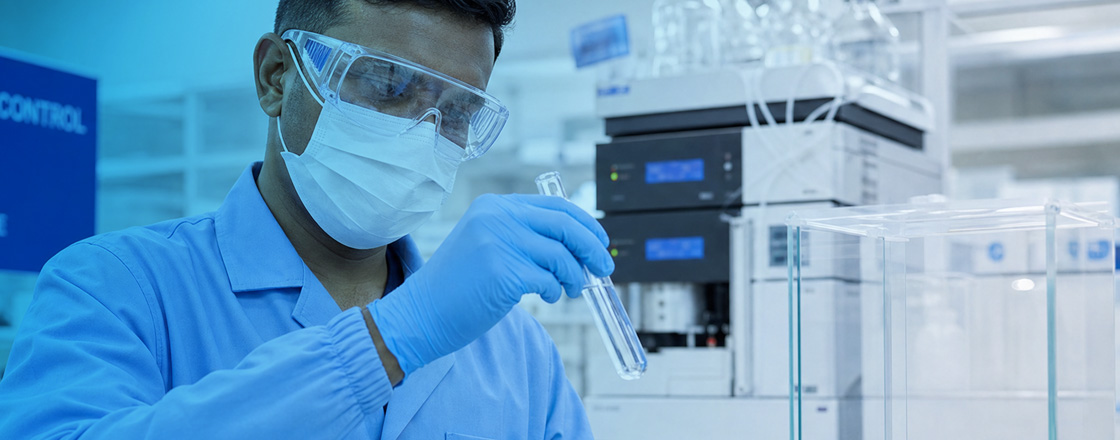 Lab technician in blue coat and safety equipment examining sample in quality control laboratory